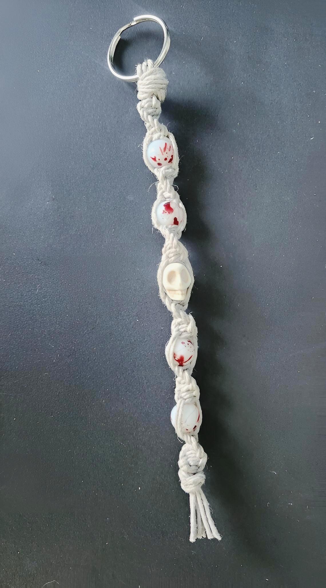 Murderously Cute – White Hemp Keychain with Blood Spatter Beads | True Crime-Inspired Keychain | Creepy Cute Accessory for Horror Lovers - Thumbnail 3