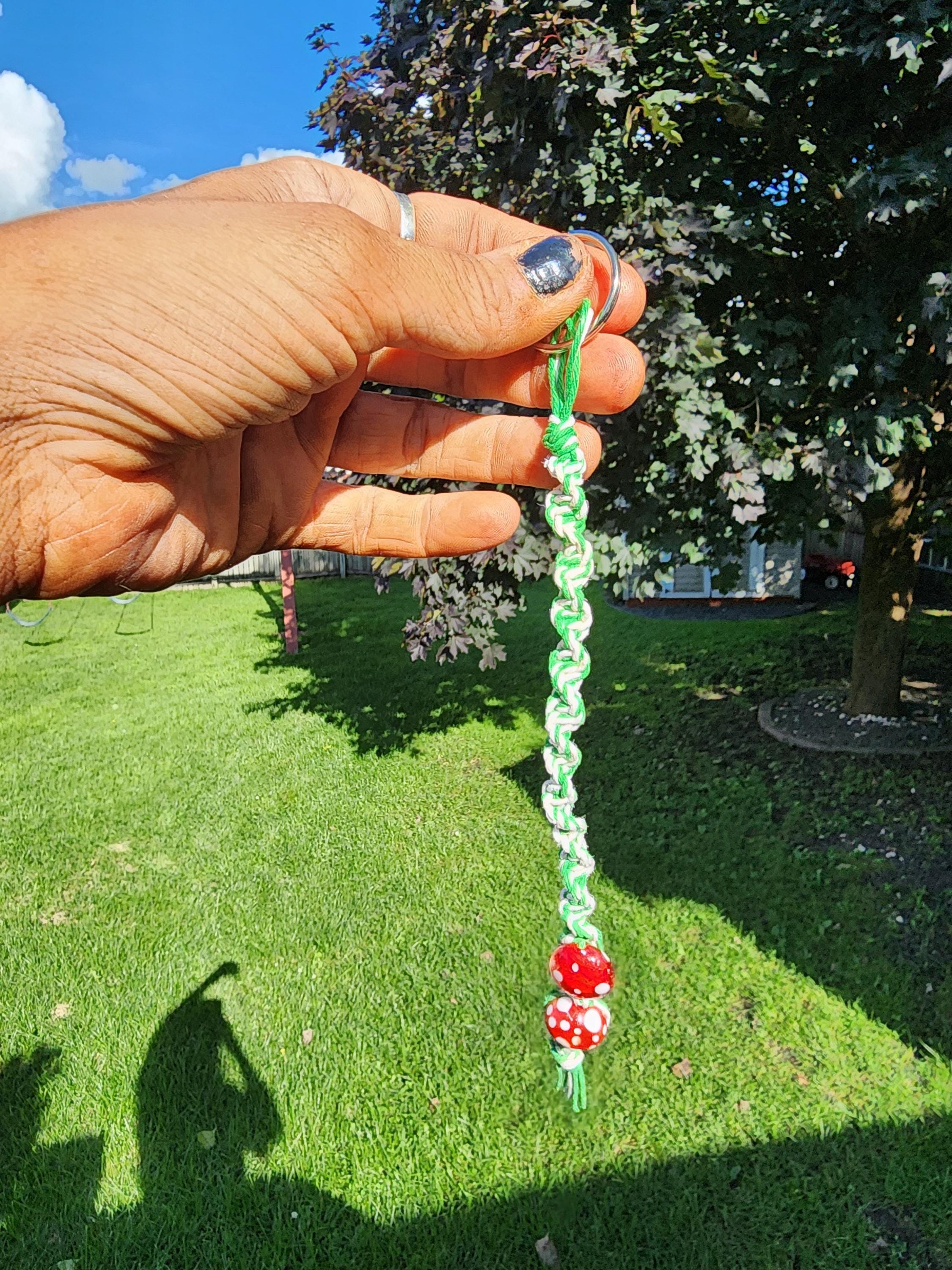 Handmade Hemp Keychain: Green & White with Glass Mushroom Beads - Thumbnail 3