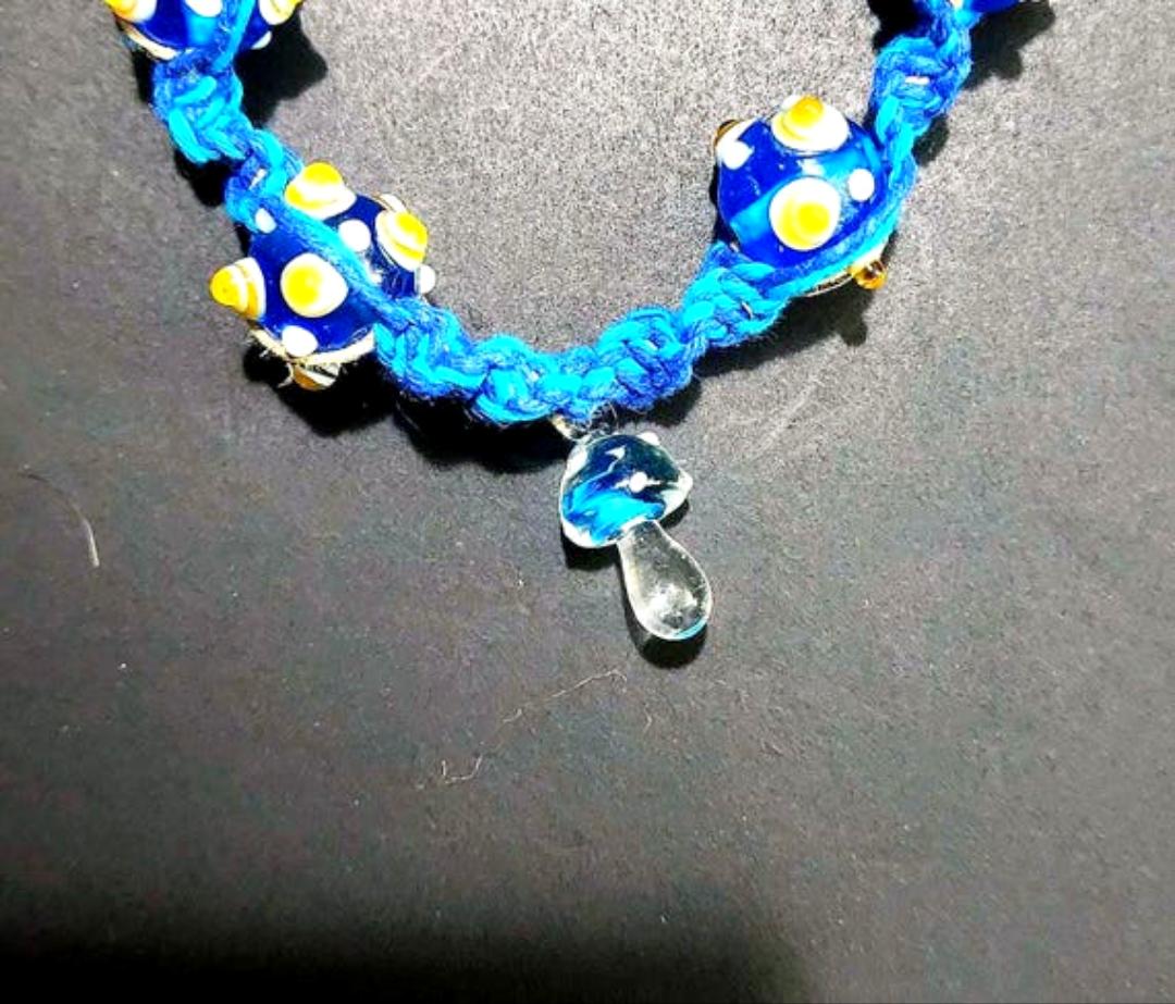 Handmade Blue Hemp Necklace: Glass Mushroom Bead