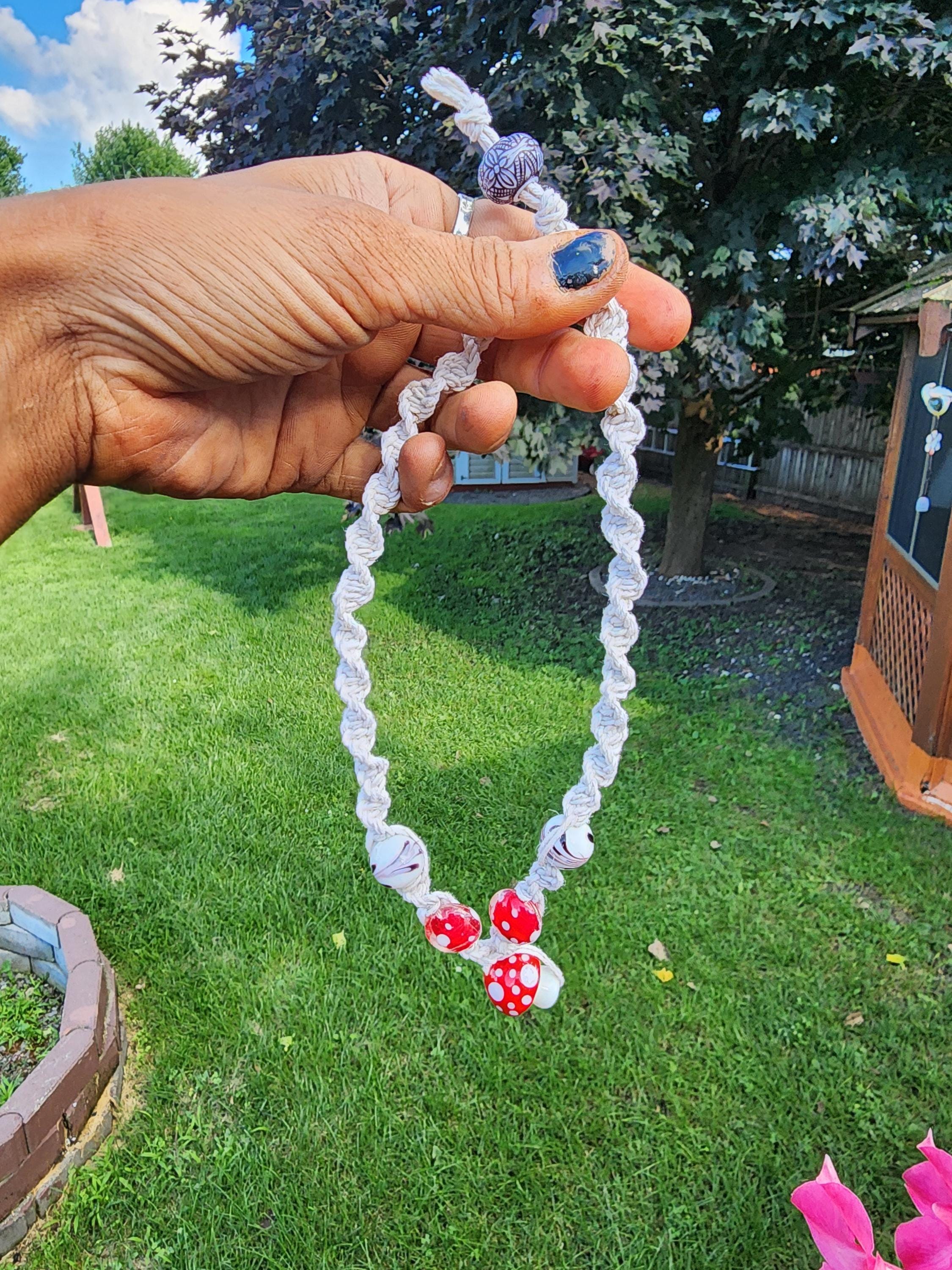 Handmade Hemp Mushroom Necklace with Glass Beads - Thumbnail 3