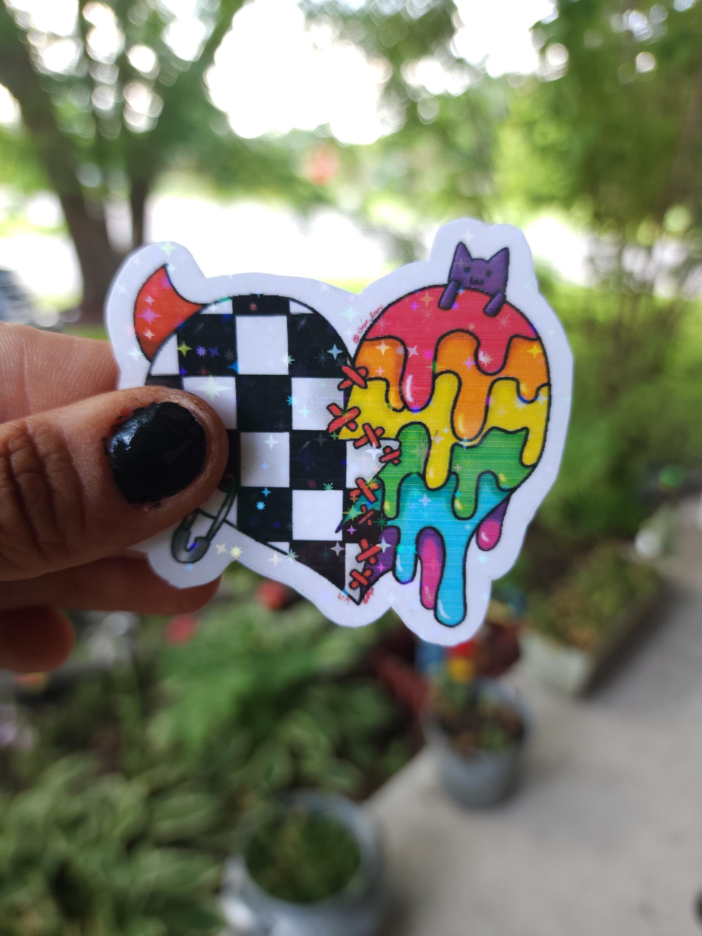 Broken Heart Vinyl Sticker: Punky Checkered Design with Stitches - Thumbnail 3