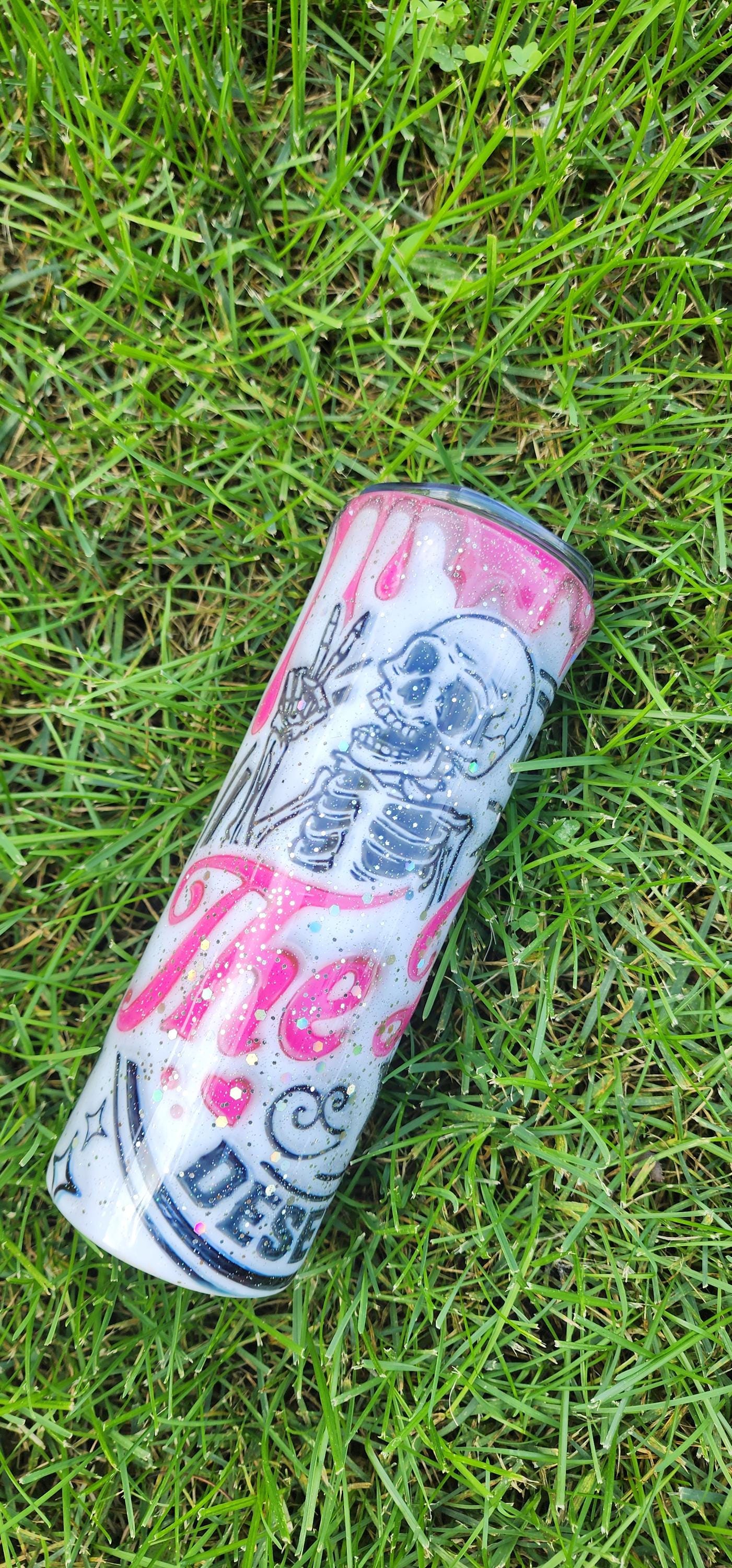 Skull Epoxy Tumbler: Pink & White Glitter 20oz Stainless Steel Cup - Thumbnail 2