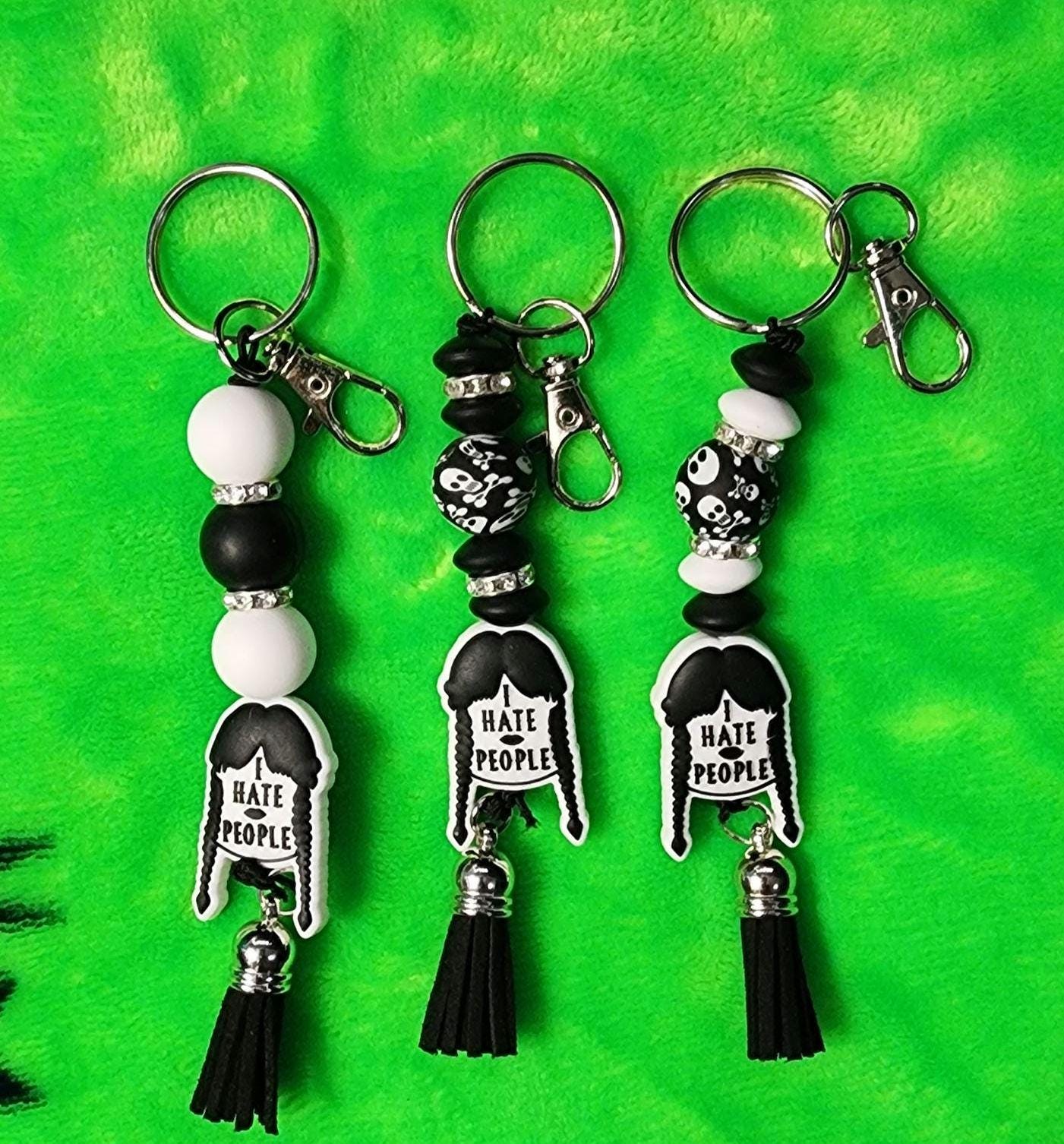 Wednesday Addams ‘I Hate People’ Beaded Keychain – Gothic Spooky Accessory, Creepy Cute Bag Charm,  Horror & Addams Family Fans