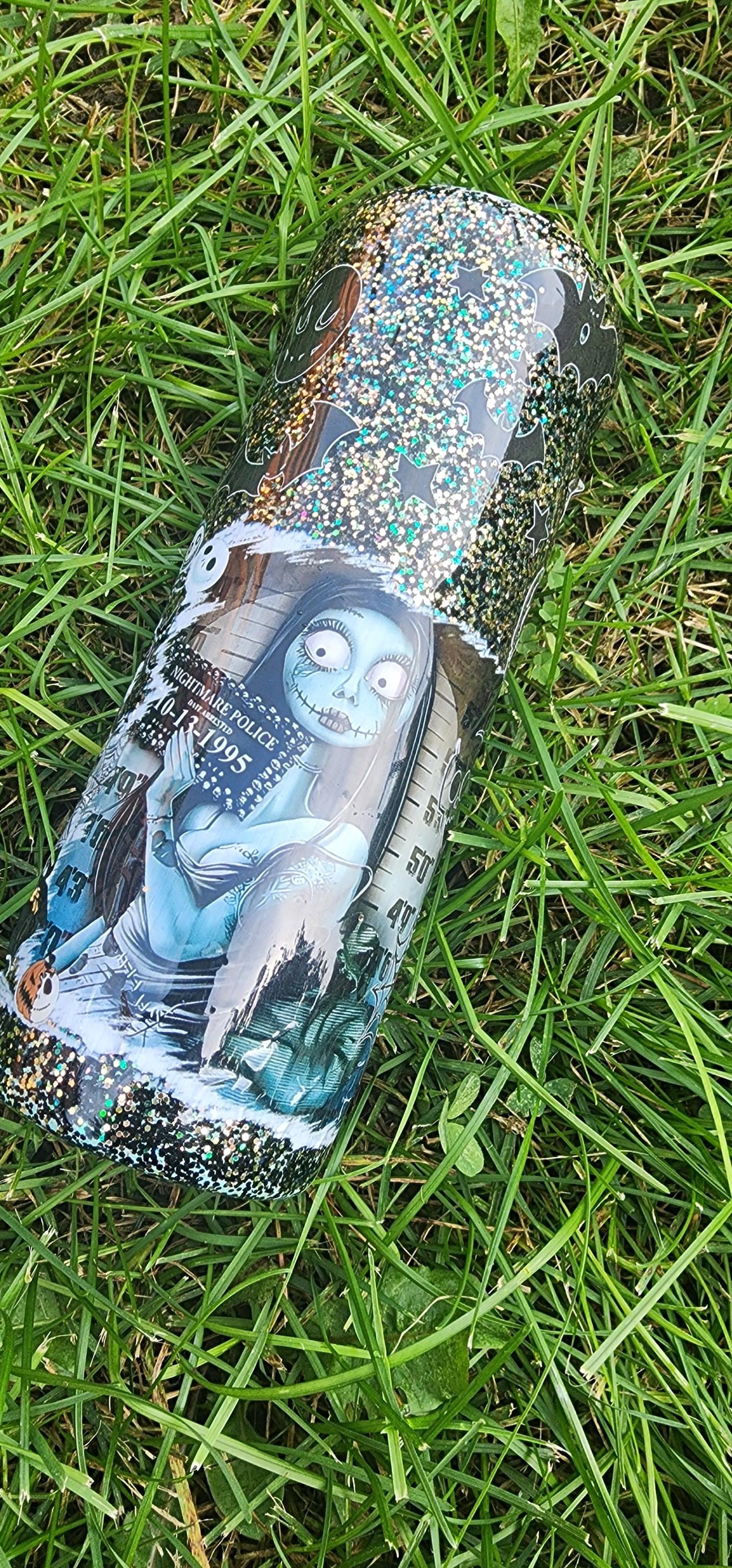 Jack & Sally Mugshot Tumbler: Spooky Glitter Nightmare Before Christmas Cup - Thumbnail 2