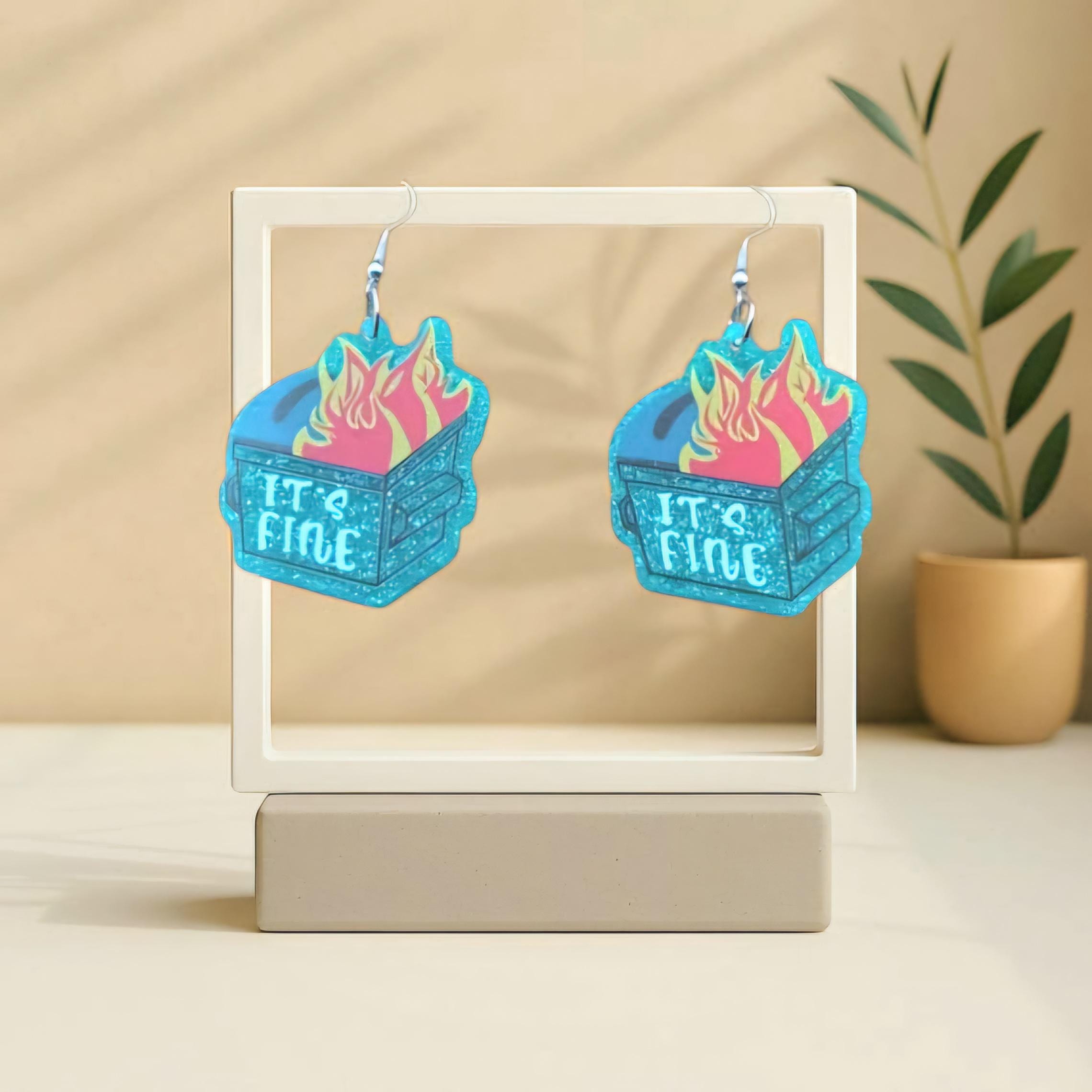 Glittery Blue Dumpster Fire Dangle Earrings – “I’m Fine” – Because Chaos Looks Better with Sparkle - Thumbnail 2