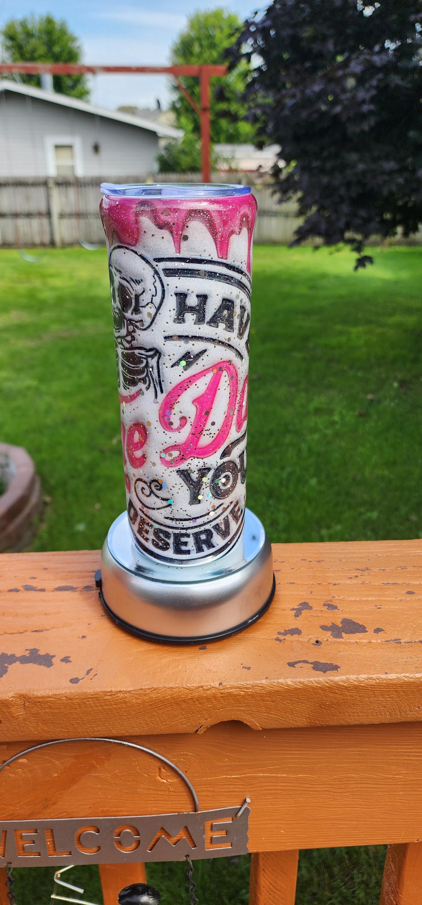 Skull Epoxy Tumbler: Pink & White Glitter 20oz Stainless Steel Cup - Thumbnail 6