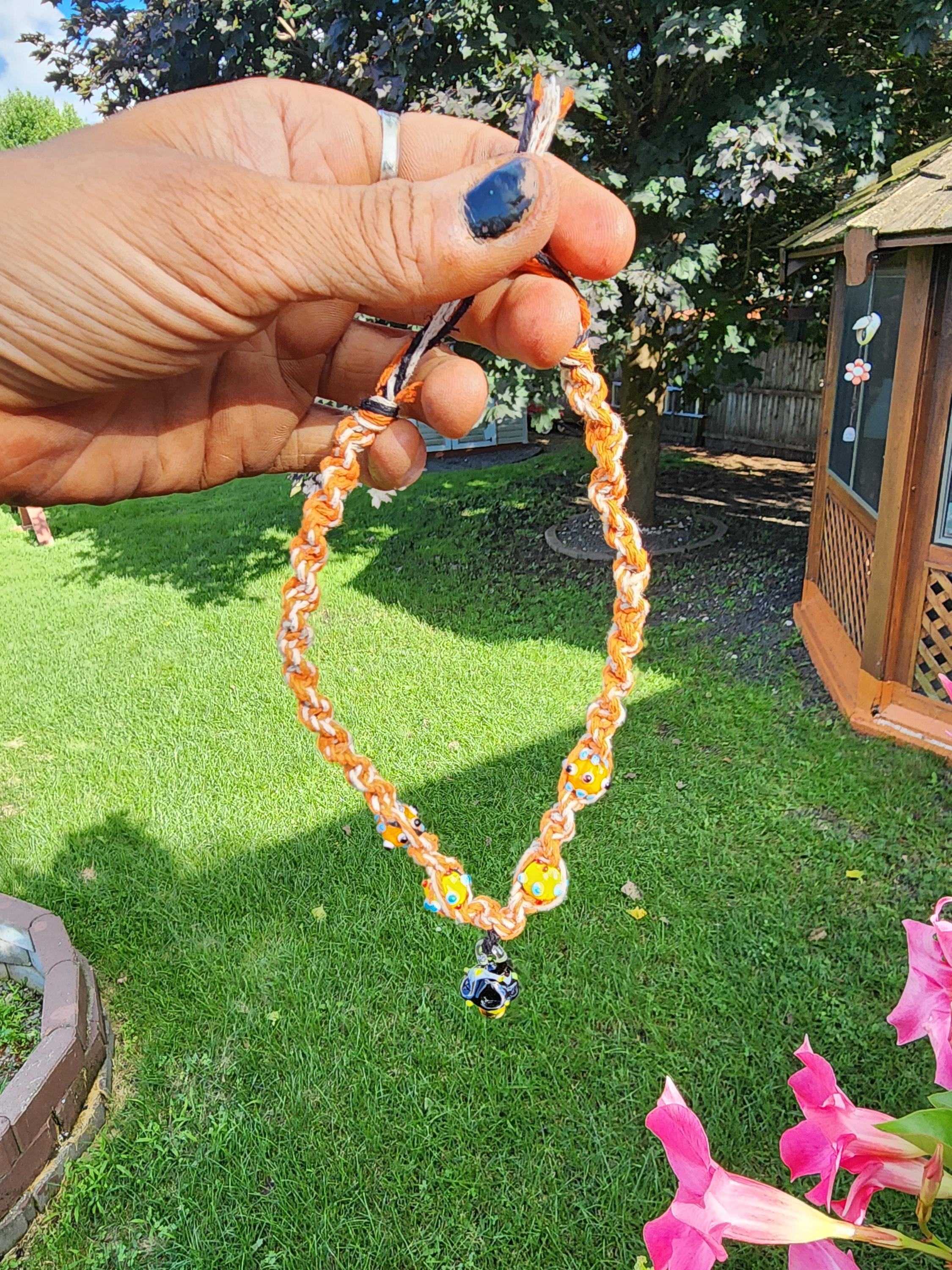 Handmade Hemp Necklace: Black Mushroom Glass Bead, Boho Nature Jewelry - Thumbnail 2
