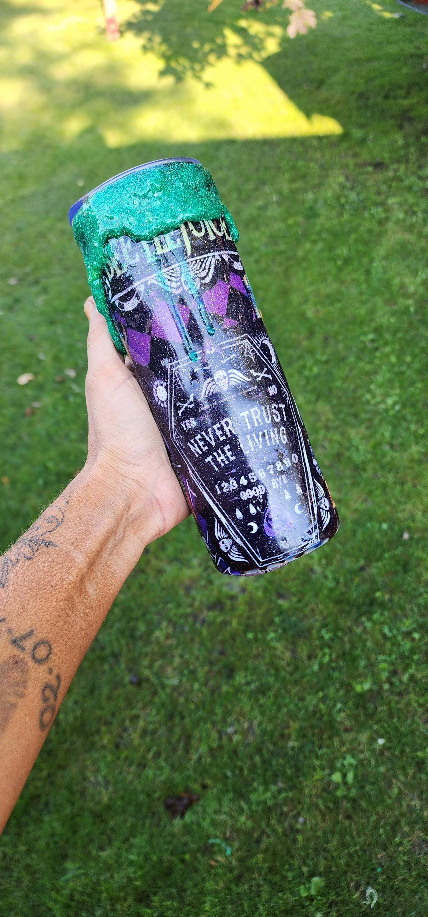 Never Trust the Living Beetlejuice Tumbler – 20oz Spooky Epoxy Drip Cup | Handmade Halloween Horror Drinkware - Thumbnail 6