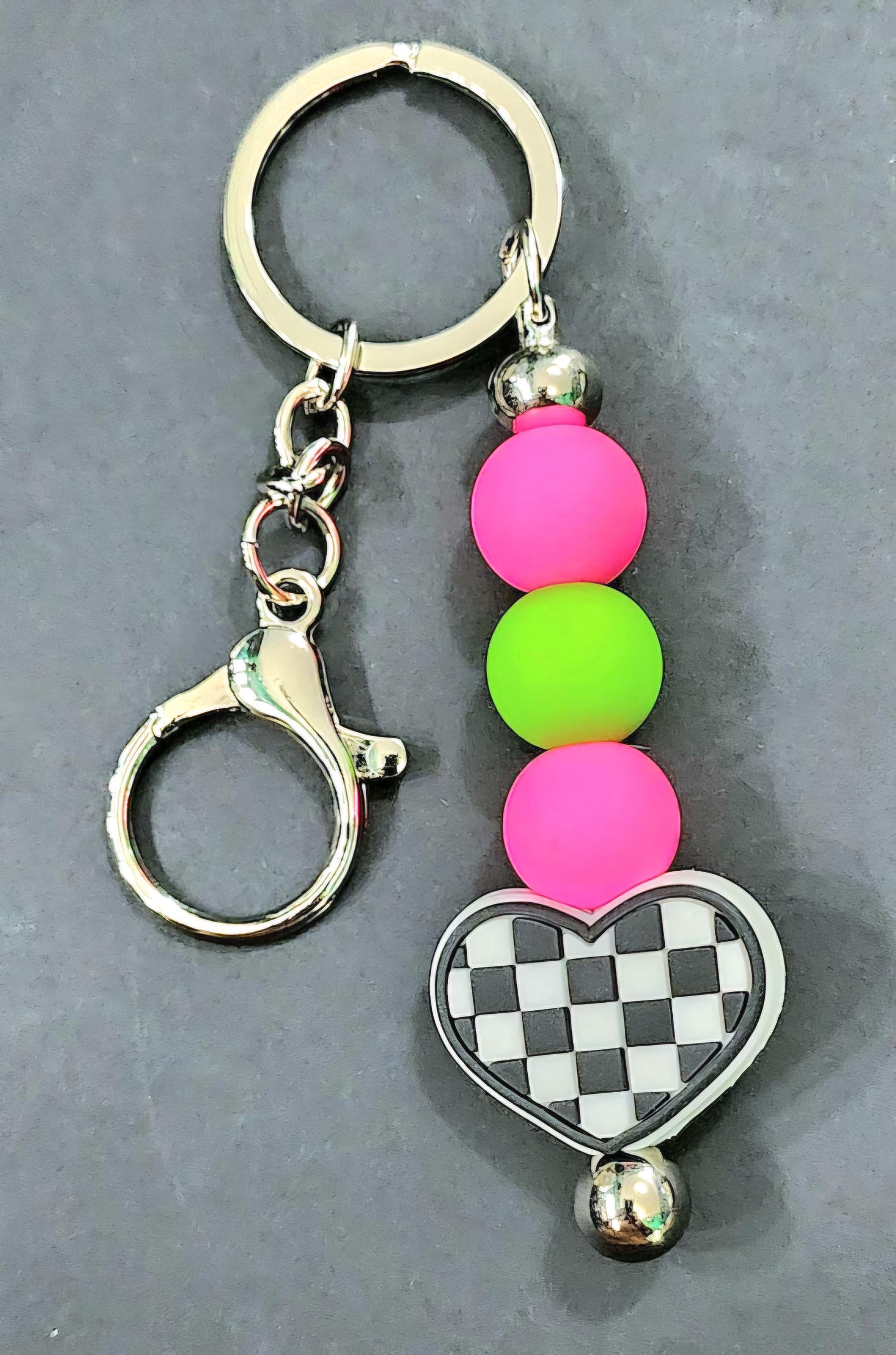Handmade Checkered Heart Keychain: Pink & Green Beaded Keyring