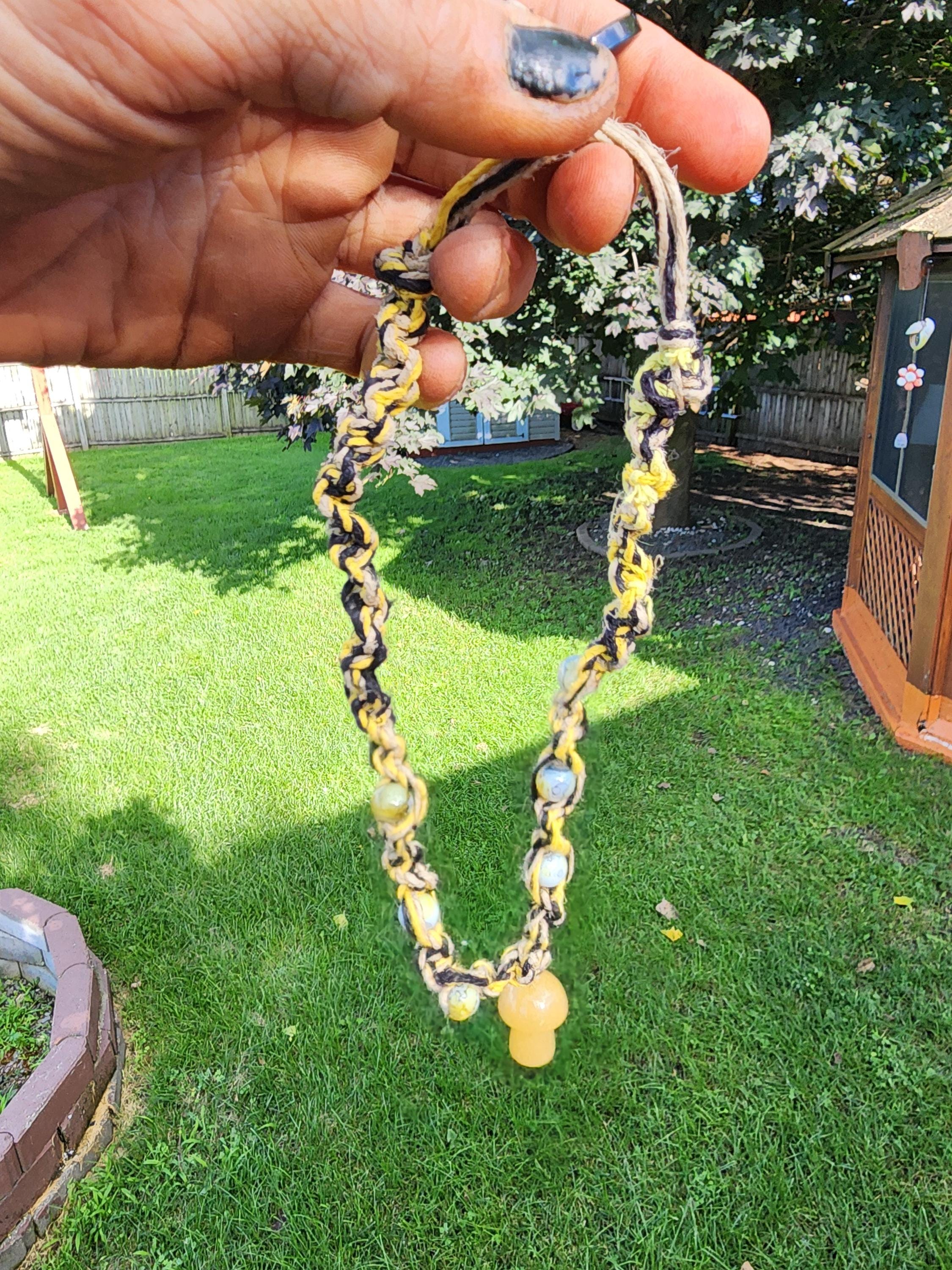 Hemp Necklace with Yellow Glass Mushroom Bead - Ecofriendly Black, White & Yellow Boho Jewelry for Men and Women
