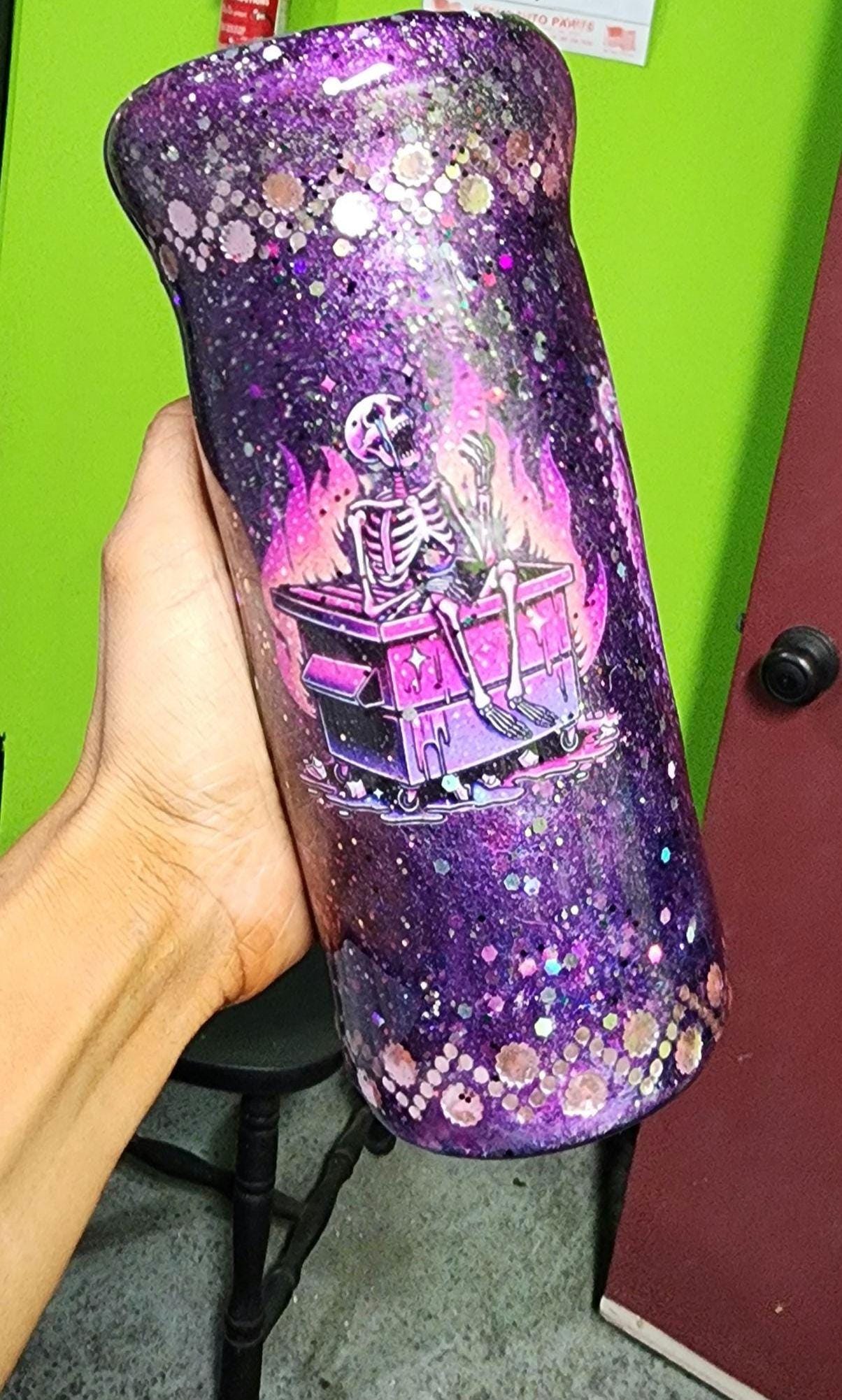 Purple Glitter Skeleton Tumbler: Spooky Goth Drinkware - Thumbnail 4