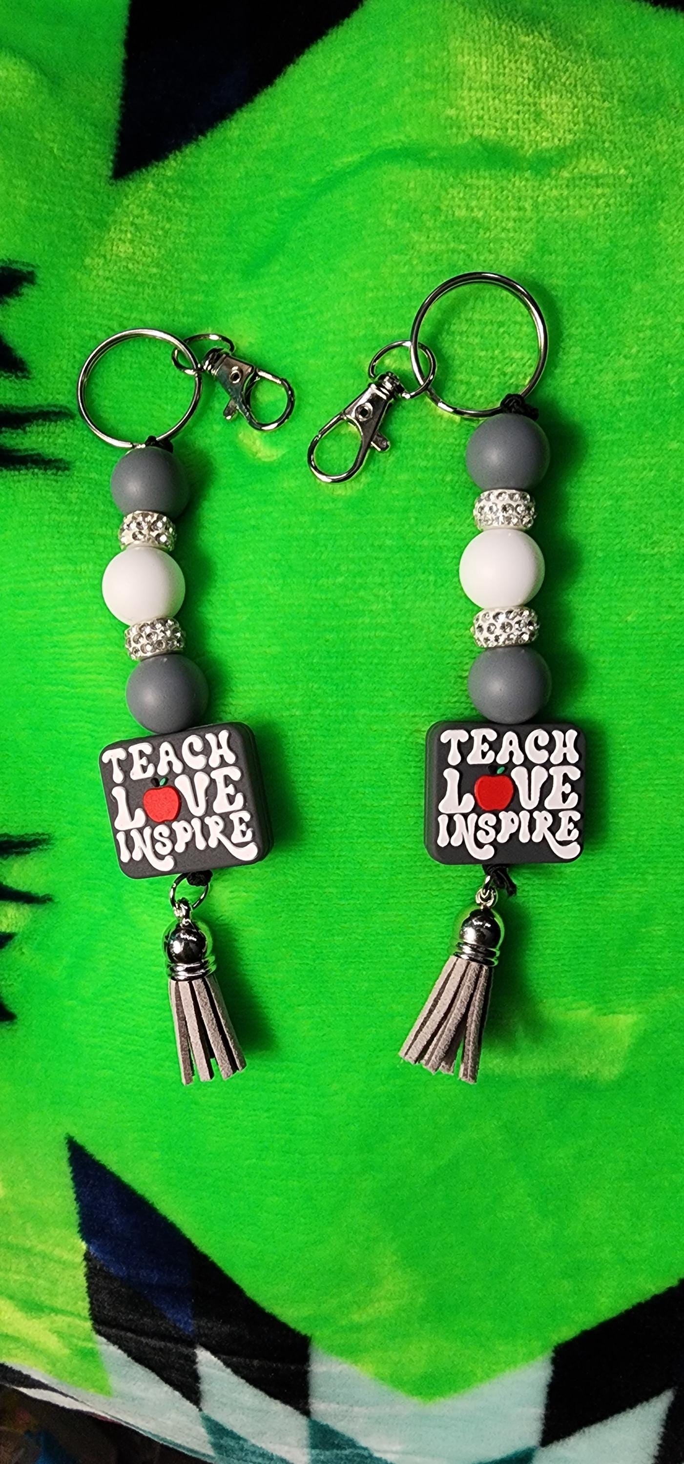 Gray & White Beaded Keychain – “Teach, Love, Inspire” Teacher appreciation| Positive Quote Keychain, Bag Charm