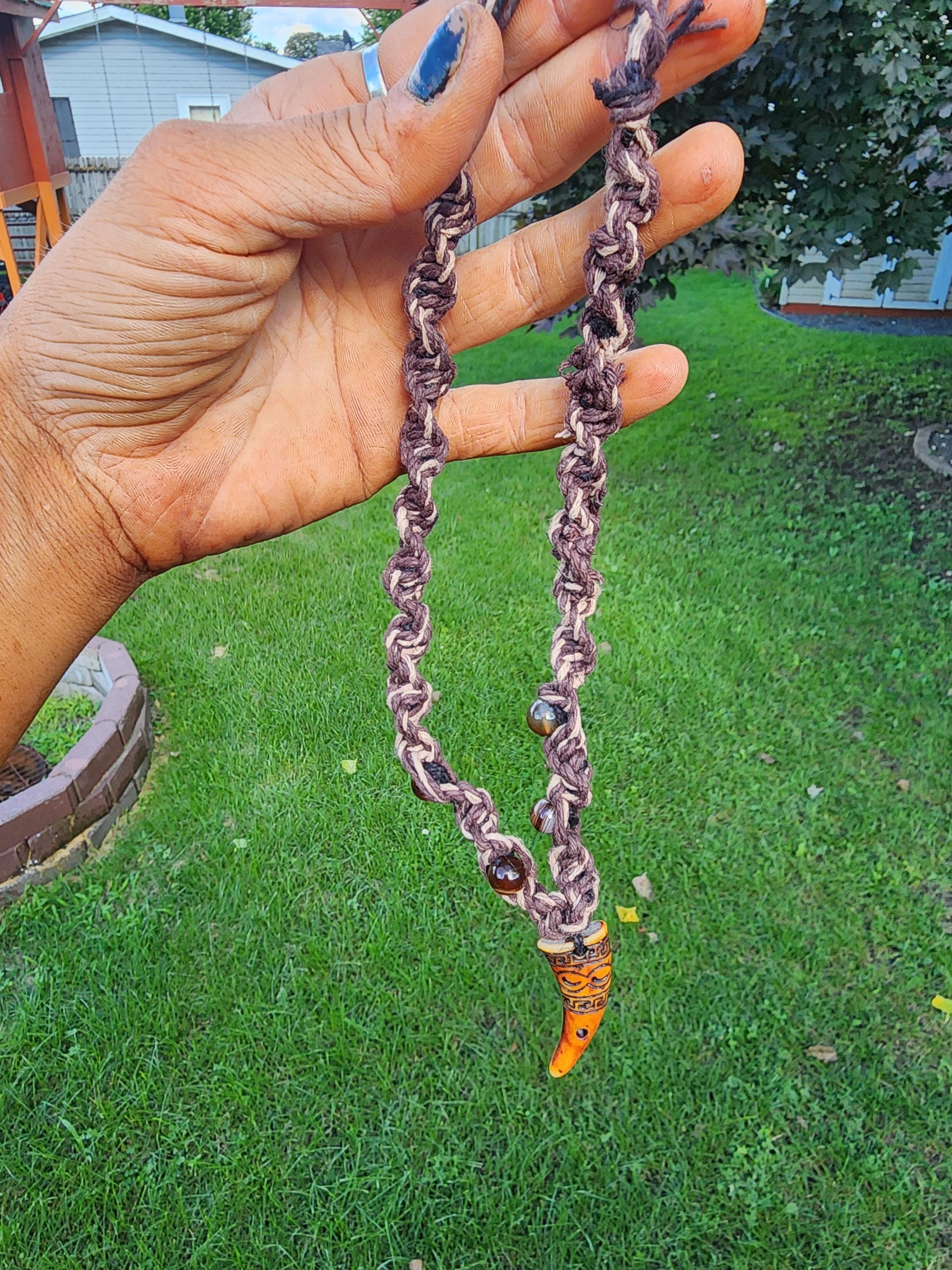 Hemp Necklace with Tooth Bead: Boho Handmade Natural Fiber Jewelry - Thumbnail 3