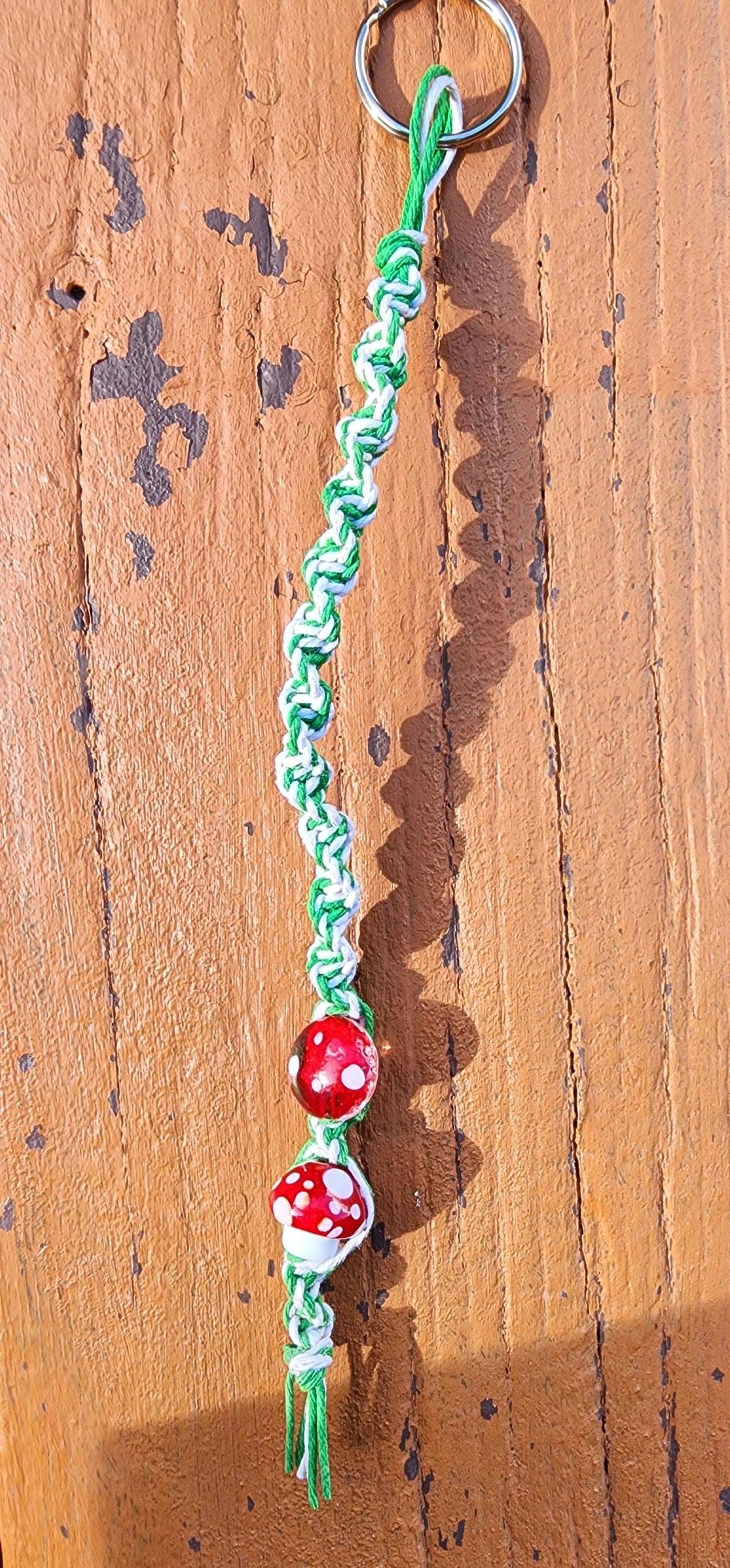Handmade Hemp Keychain: Green & White with Glass Mushroom Beads - Thumbnail 5