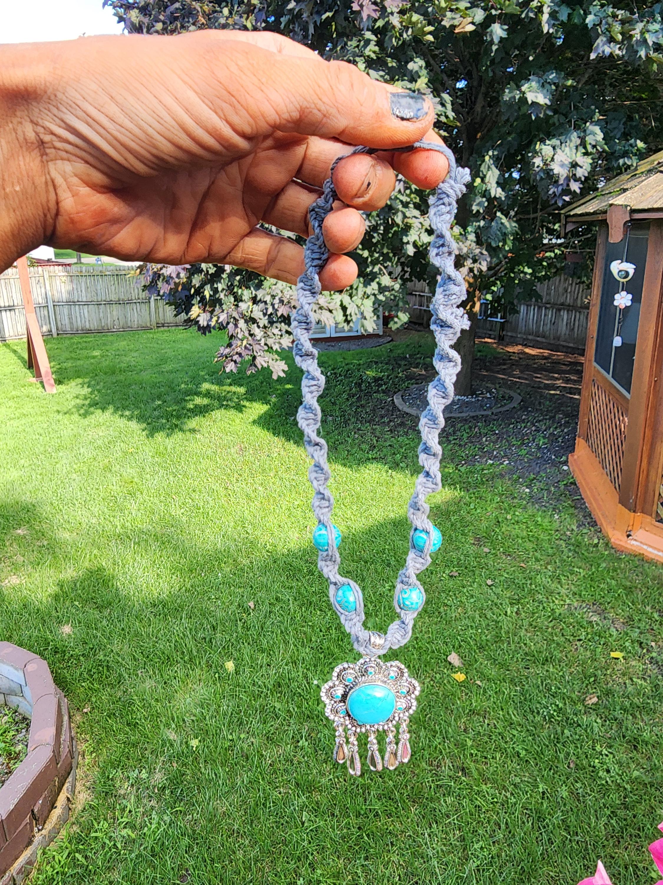 Handmade Hemp Necklace with Turquoise Pendant - Thumbnail 5
