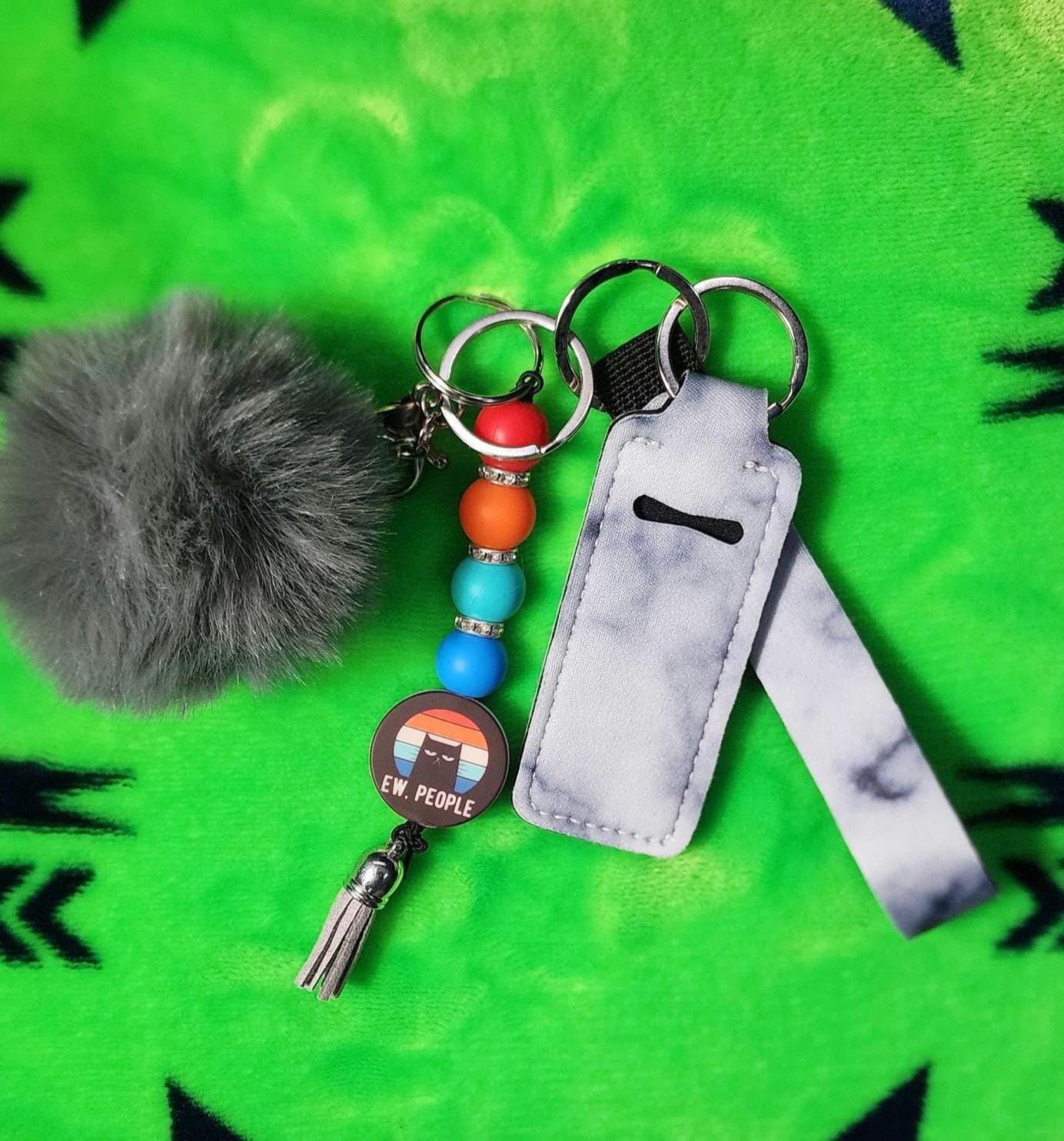 Ew People Cat Keychain Set | Funny Cat Lover Keychain with Pom, Lanyard & Hand Sanitizer Holder | Sassy Anti-Social Energy - Thumbnail 2