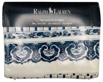 NUEVA Sábana plana Ralph Lauren Jonquil Blue QUEEN / 90" x 102" / Medallón / Rayas / Porcelana / LEER