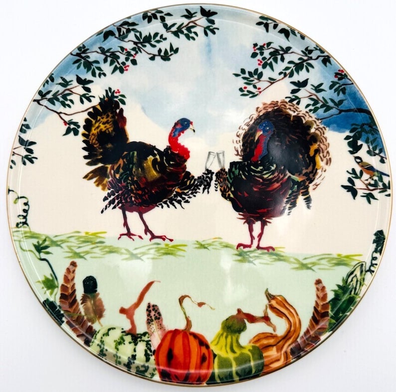 Anthropologie x Inslee Fariss Autumn's Bounty-tallrik | Antropomorfa kalkoner | Thanksgiving | 20 cm | LÄS bild 1