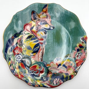 Anthropologie Starla Halfmann "Fancy Fox II" Dessert Plate | Scalloped Edge | Nature | 8" image 1