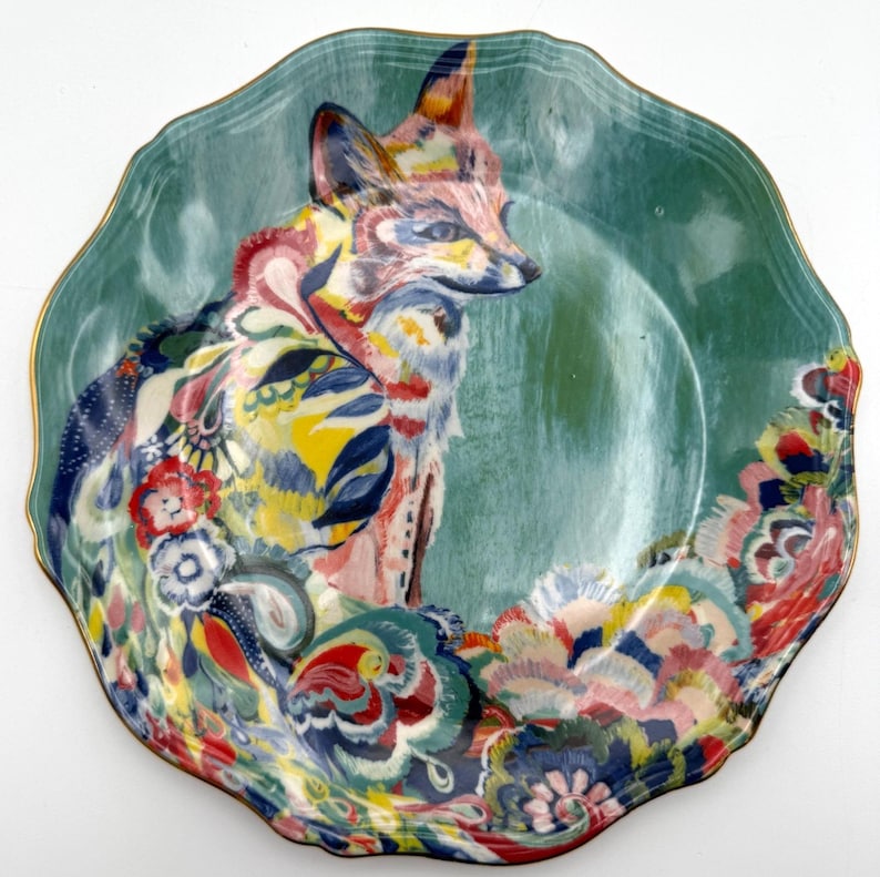 Anthropologie Starla Halfmann "Fancy Fox II" Dessert Plate | Scalloped Edge | Nature | 8" image 1
