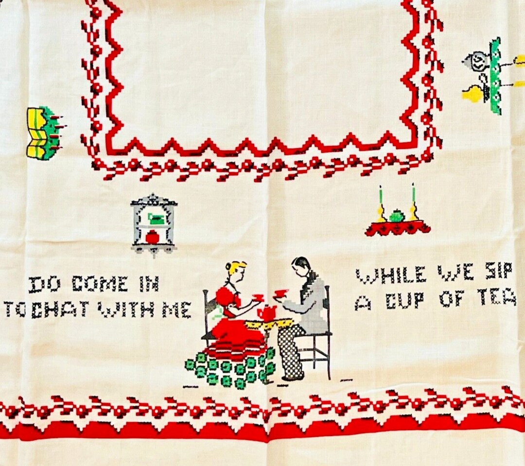 Vintage 1950s Domestic Scenes Square Linen Tablecloth With Kitschy Sayings 49 X 49 Etsy