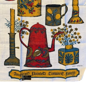 Vintage Linen Tea Towel | Original Kay Dee Sticker | American Painted Tinware Fancy | MCM | NWT
