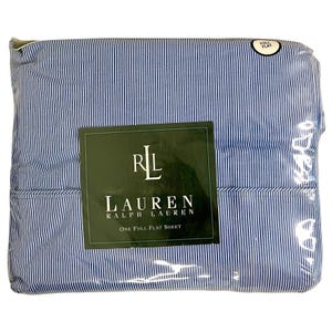 Sábana plana estrecha azul Ralph Lauren Cape May para cama matrimonial o matrimonial, vintage, a rayas, clásica, esencial, nueva en caja, sellada de fábrica, nueva en caja