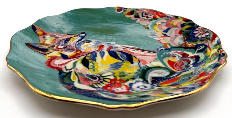 Anthropologie Starla Halfmann "Fancy Fox II" Dessert Plate | Scalloped Edge | Nature | 8" image 4