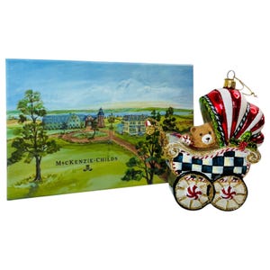 Mackenzie-Childs Baby’s First Pram Christmas Ornament #53913-72 w oryginalnym pudełku | Wyprodukowano w Polsce | 5" H
