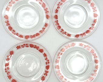 Vintage Set of 4 Pyrex Pink Gooseberry Bread Plates | Clear Glass | Anchor Hocking | Side | 6"