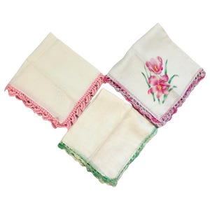 Lot of 3 Vintage Handkerchiefs with Crocheted Edges | READ