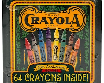 Vintage 1993 Crayola 90-årsjubileums samlarburk | 64 färgade kritor | USA | Fabriksförseglad | NOS