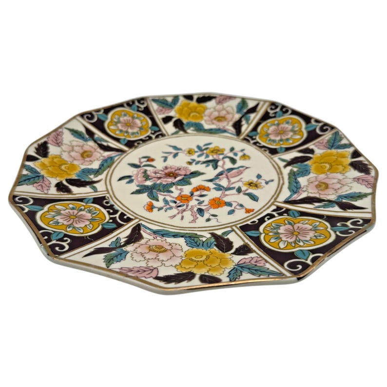 Plato de postre Bibi de Anthropologie / Ciruela / Floral / Pájaro / Ribete dorado / Ensalada / Guarnición / 23 cm imagen 5