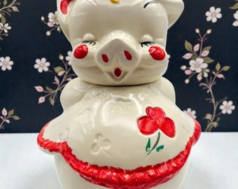 Pote de biscoitos vintage americano em porcelana, representando uma porquinha antropomórfica sorrindo | Estilo kitsch | 28 cm de altura
