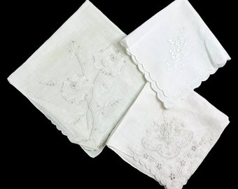 Lot of 3 White Vintage Embroidered Floral Handkerchiefs