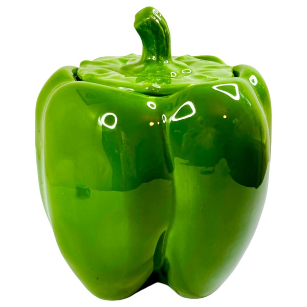 Vintage Green Bell Pepper Ceramic Cookie Jar & Lid | 10"