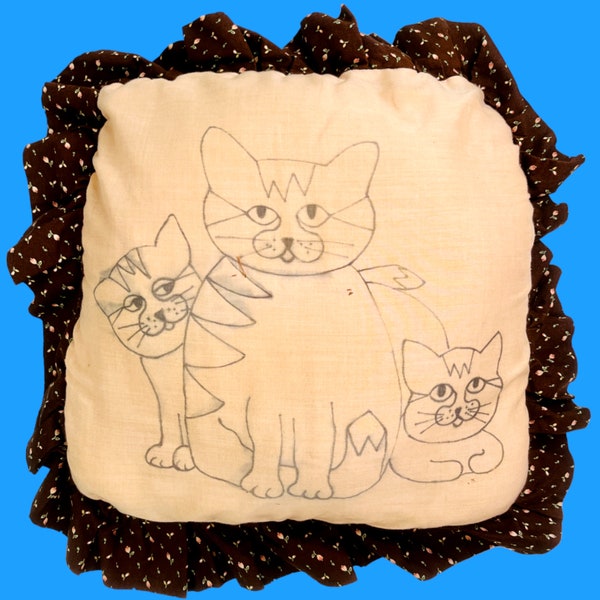 Vintage Handmade OOAK Folk Art Cat Throw Pillow with Ruffled Border | 14"
