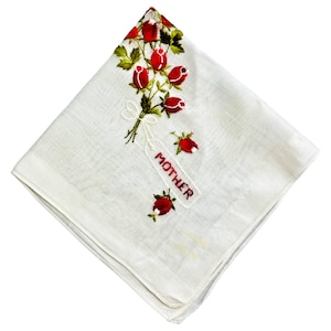 Vintage Linen Handkerchief with Roses and the Word &quot;Mother&quot; Embroidered in Red | 11&quot; | READ