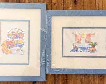 Set of 2 Vintage Carol Eldridge Prints | Framed Whimsical Bathroom Art | 9" x 11" | NWT