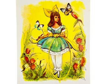 Vintage 1971 Art Print #1-247 of a Girl in a Butterfly Garden by M. Hartnett | 8x6