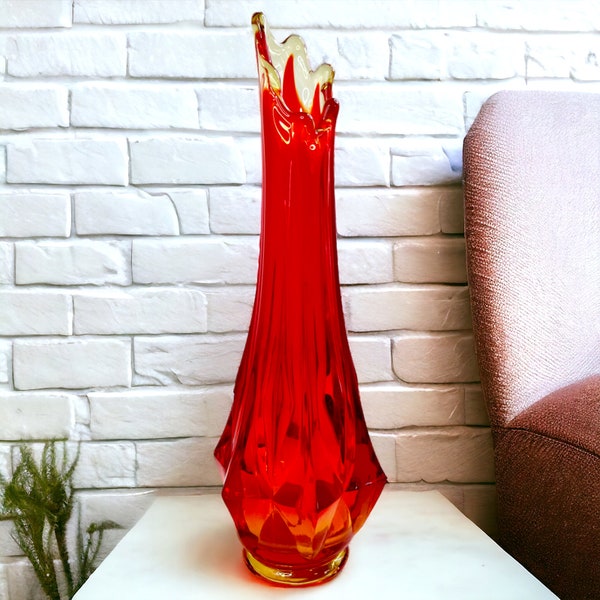 Vintage Kanawha Glass Frisco Diamond Point Faceted Amberina Swung Vase | 10.5"