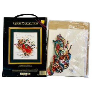 Vintage 1994 Dimensions Gold Collection "Windswept Santa" Kit de ponto cruz contado #8449 | Lacrado | NOS | NOVO