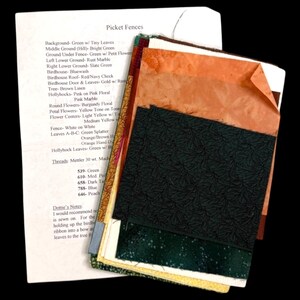 May include: A collection of fabric swatches in various colors and textures, including dark green, orange, and yellow. A handwritten list titled "Picket Fences" details color names and thread numbers. The swatches are likely for a quilting or sewing project.