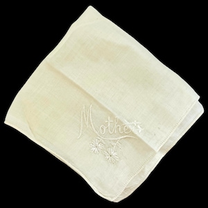 Vintage Embroidered Monogrammed &quot;Mother&quot; Linen Handkerchief with Flowers | 10&quot; | READ