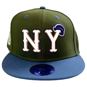 May include: A green and blue baseball cap featuring the letters "NY" in white with brown trim. The cap has a blue brim and a flat peak. There is a small logo on the side and a blue button on top.