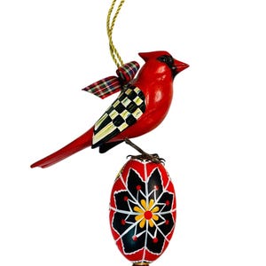 Limited Edition Mackenzie-Childs Courtly Check Cardinal Bird and Egg Wooden Christmas Ornament | 6&quot; H