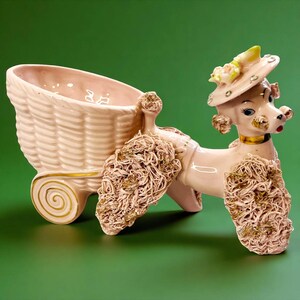 Vintage 1950s Lefton Pink Anthropomorphic Spaghetti Poodle Planter #KB50554 | Original Japan Sticker | Rhinestones | Cart | Kitschy