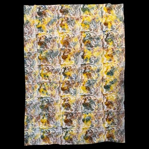 Pode incluir: Um tecido retangular com um padrão repetido de figuras abstratas semelhantes a pássaros em tons de amarelo, castanho, verde e branco. O desenho é impresso sobre um fundo branco, criando um efeito marmoreado. O tecido é provavelmente um tecido decorativo.