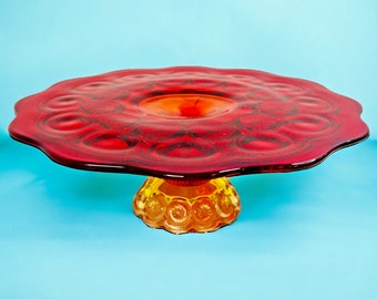 Vintage L.E. Smith Moon and Stars Amberina Glass Pedestal Cake Stand | 11"