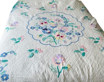Vintage Blumenapplikation Stiefmütterchen Quilt: 1990 Judi Boisson, Full Size